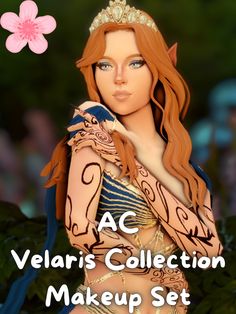 a woman in a dress and tiara with text overlay that reads, ac velaris collection makeup set