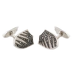 GARRARD Black & White Diamond White Gold Shield Cufflinks | From a unique collection of vintage clip-on earrings at https://www.1stdibs.com/jewelry/earrings/clip-on-earrings/ Gold Shield, Cartier Panthere, Gold Cufflinks, Vintage Cufflinks, Cufflink Set, Cufflinks Men, Vintage Clip, Gold Pearl, White Diamonds