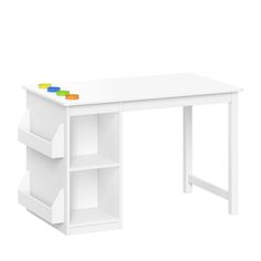 a white desk with two drawers on top and an open shelf below it for storage