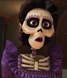 a skeleton dressed up as a woman in a purple dress with black hair and makeup