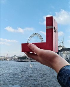 a hand holding up a red box with a ferris wheel in the background and water