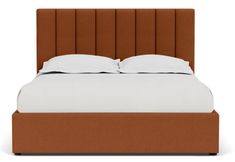 a bed with a brown headboard and white sheets on it's sides, in front of a white background