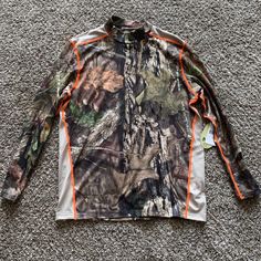 New With Tags Camo Undershirt Multicolor Long Sleeve Top For Outdoor, Multicolor Tops For Outdoor Fall Season, Fitted Camouflage Long Sleeve Tops, Casual Orange Top For Outdoor, Fall Camouflage Long Sleeve Shirt, Camouflage Long Sleeve Shirt For Fall, Camouflage Long Sleeve Tops For Spring, Long Sleeve Camouflage Shirt For Fall, Outdoor Short Sleeve Tops For Fall