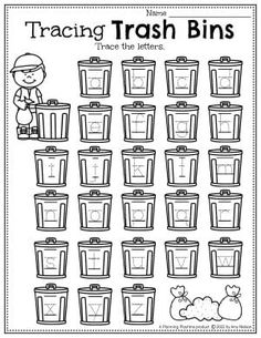 a worksheet with trash bins for kids to practice their writing and spelling