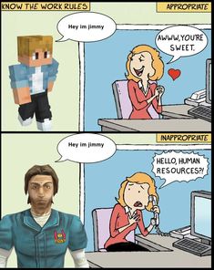 a comic strip with an image of a woman talking to a man in front of a computer