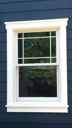 a cat sitting in the window sill of a blue house with trees behind it