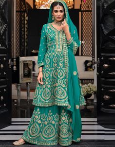 Sky Blue Palazzo style Suit Semi-Stitched Suits Anarkali Lehenga Gowns, Georgette Palazzo, Pakistani Shalwar, Women Suits Wedding, Suits Pakistani, Modest Evening Dress, Palazzo Style, Suits Punjabi, Anarkali Lehenga