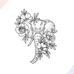 an elephant with flowers on it's head is shown in black and white ink