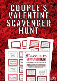 valentine's scavenger hunt with red roses in the background and text overlay