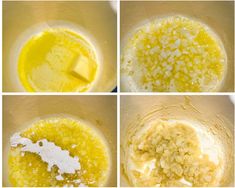 four pictures showing how to make the batter in a mixing bowl with butter and other ingredients