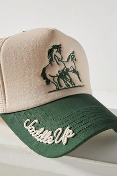 Cotton, polyester Spot clean Imported | Saddle Up Trucker Hat by Worn/West in Green, Women's, Polyester/Cotton at Anthropologie Short Hair Trucker Hat, Country Trucker Hats For Women, Hats For Men Caps, Trucker Hat Pins, Cool Trucker Hats, Women’s Hats, Embroidered Trucker Hats, Women’s Trucker Hats, Bachelorette Trucker Hats