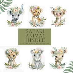 the safari animal bundle includes watercolor animals, leaves and flowers on a white background