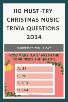 110 Must-Try Christmas Music Trivia Questions 2024 - How many "la's" are in the song "Deck the Halls"? A. 58, B. 96, C. 100, D. 144 Christmas Bible Trivia, Music Trivia Questions, Trivia For Kids, Christmas Song Trivia, Christmas Trivia Questions, Christmas Trivia Games, Christmas Songs Lyrics, Christmas Quiz, Music Challenge