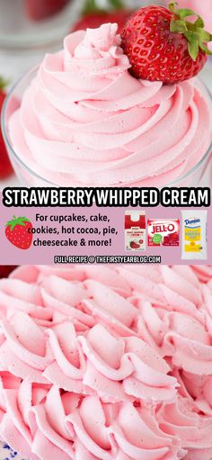 Strawberry Whipped Cream pin with overlay text Whipped Frosting Flavors, Vanilla Cake With Strawberry Filling Whipped Cream, Strawberry Angel Food Cupcakes, Stabilized Strawberry Whipped Cream Frosting, Pudding Coolwhip Frosting, Almond Whipped Cream Frosting, Magic Whipped Cream, Angel Food Cake Frosting Easy, Angel Food Cake Toppings Frostings