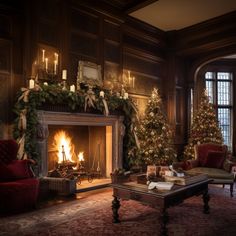 a living room filled with furniture and a fire place in front of a christmas tree