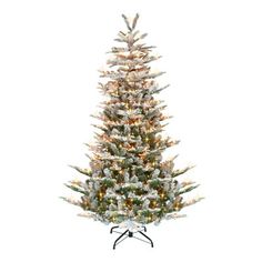 a white christmas tree with lights and snow on the top is shown in front of a white background