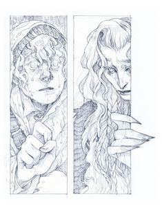 two drawings of people with long hair, one holding a knife and the other looking at something