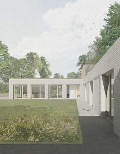 an artist's rendering of a house in the middle of a grassy area with trees and bushes