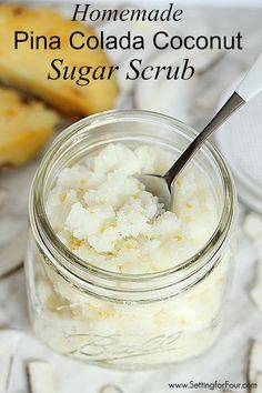 This EASY homemade Pina Colada Coconut Sugar Scrub Recipe smells AMAZING! It will transport you to the tropics with the luscious scent of coconut and pineapple! It's a FABULOUS way to moisturize and get rid of dry flaky skin at the same time - Great gift idea! www.settingforfour.com Coconut Sugar Scrub Recipe, Homemade Pina Colada, Coconut Sugar Scrub, Dry Flaky Skin