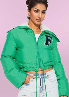 Brave the cold in style with the Emerald Envy Puffer Winter Coat! Crafted from a blend of polyester and waterproof material, you'll be warm and dry no matter the weather. Accented with a fur trim and an F on the left breast, you'll have the confidence to step out and conquer any challenge! Dare to be bold with this trendy design. Crop style Green fall winter jacket/coat Zipper Fur lining Embroidered letter F Green Winter Outerwear With Faux Fur Trim, Winter Nylon Parka With Fleece Lining, Hooded Nylon Outerwear With Faux Fur Lining, Green Puffer Jacket With Fleece Lining For Cold Weather, Green Winter Puffer Jacket With Fleece Lining, Casual Puffer Jacket With Faux Fur Trim For Outdoor, Green Nylon Winter Outerwear, Green Fleece-lined Puffer Jacket For Winter, Trendy Hooded Puffer Jacket With Faux Fur Lining