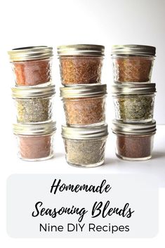 homemade seasoning blends in glass jars with text overlay reading homemade seasoning blends nine diy recipes