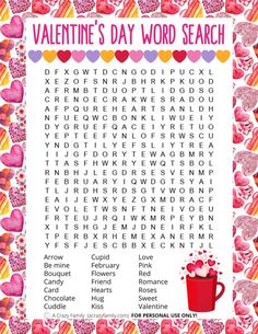 valentine's day word search with hearts and candys on the border, in pink