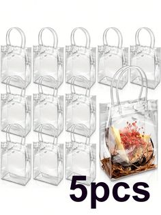 six clear plastic bags with handles are shown in front of a white background and the words 5