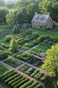 an aerial view of a large garden with lots of trees and bushes in front of a house