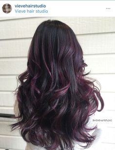 Plum Peekaboo Highlights, Eggplant Bayalage Hair, Dark Hair With Eggplant Highlights, Plum Balayage Hair Brunettes, Brown And Plum Hair, Plum Balayage Hair, Purple Bayalage Hair, Plum Hair Highlights, Plum Balayage