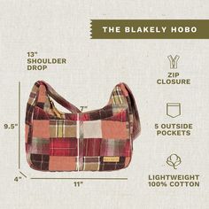 CONFIDENTLY COUNTRY: Crimson, khaki and espresso brown plaid patchwork pair well with your daily look for a traditional country patchwork vibe.SIZED JUST RIGHT: Not too big and not too small, the Blakely measures 11" wide, 9.5” high at the sides (7" in the middle), and 4" deep. The shoulder strap is 22.5" long with a 13" drop. It’s the perfect hobo-style bag to carry everything you need!PLENTY OF POCKETS: With 2 inside slip pockets, 1 inside zip pocket, and 2 outside slip pockets, the Blakely ma Plaid Rectangular Bag For Fall, Fall Season Plaid Rectangular Bag, Fall Plaid Rectangular Bag, Plaid Bags For Everyday Use In Fall, Everyday Plaid Bags For Fall, Casual Plaid Bags For Fall, Casual Square Shoulder Bag For Outdoor, Casual Everyday Plaid Bags, Multicolor Everyday Bag For Fall