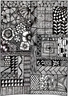 a black and white drawing of many different things in the same pattern, including flowers