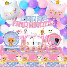 an image of a birthday party with balloons and cats on the table in front of it