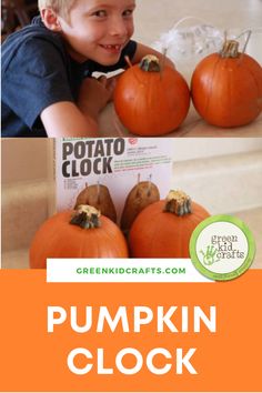 pumpkins with the words pumpkin clock on them and an image of a young boy smiling