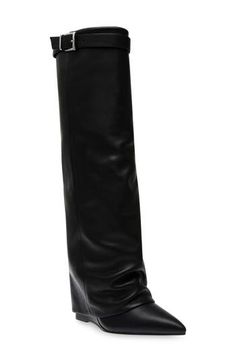 A buckled collar strap and foldover shaft lend bold elements to a knee-high leather boot balanced by a pointy toe and hidden wedge heel. 3" heel,  15" shaft (size 8.5) 16 1/2" circumference (size 8.5) Leather upper/synthetic lining and sole Imported