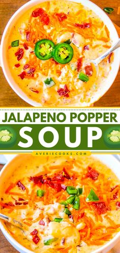 two bowls of jalapeno popper soup on a wooden table