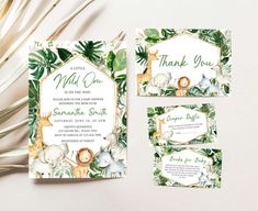 wedding stationery with tropical leaves and animals on the front, thank you card and matching envelope