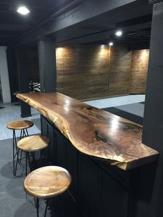 an empty bar with stools around it