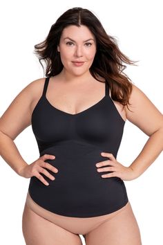 Scoop Neck Shapewear With Built-in Bra, Shapewear Tank Top With Built-in Bra And Wide Straps, Elastane Camisole With Built-in Bra, Supportive Shapewear Tank Top With Built-in Bra, Sleeveless Stretch Shapewear With Built-in Bra, Shaping Shapewear Camisole With Built-in Bra, Supportive Seamless Nylon Shapewear, Solid Seamless Scoop Neck Shapewear, Seamless Solid Shapewear With Scoop Neck