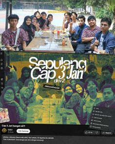 several people sitting around a table with drinks in front of them and the caption sepubang cap 3 jan