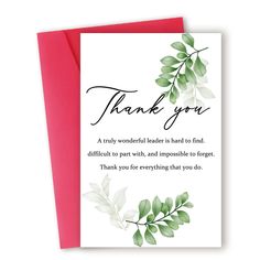 a thank card with the words thank you on it and green leaves in black ink