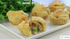 mini pot pies on a white plate with parsley in the background and text overlay