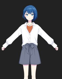 an anime character with blue hair wearing a white shirt and grey skirt, standing in front of a black background