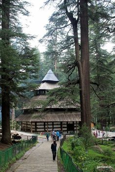 people are walking down a path in the woods near a wooden structure with a steeple on top