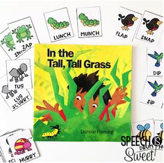 the book in the tall, tall grass is surrounded by cut outs and matching cards