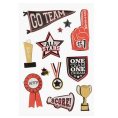 an assortment of stickers that say go team, one team one goal and two stars