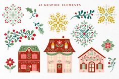 the christmas clipart set includes three houses, holly wreaths and snowflakes