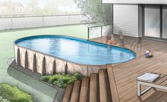 an artist's rendering of a backyard with a swimming pool and decking area