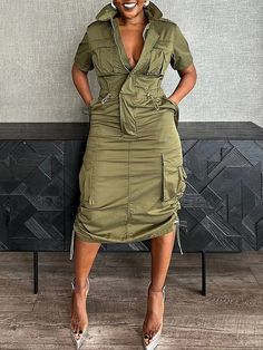 An exclusive offer for you——Affordable prices at Stylewe store, SPU: 11CDR7F1957, Color: Army Green, Dress length:Midi, Accessories:No. Cocktail Chic Attire, Olive Green Outfits, Sneakers With Dress, Army Green Outfit, Camo Life, Cargo Dress, Urban Shirt, Random Outfits, Army Green Dress