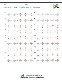 dividing fractions worksheet with two numbers and the same place for each number