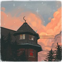 a painting of a house with the moon in the sky